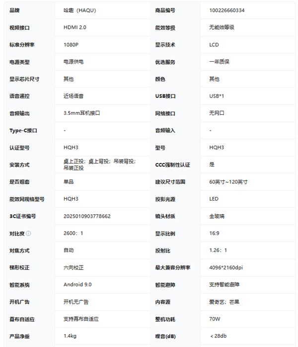 哈趣投影 H3 配置参数 + 深度测评尊龙凯时app哈趣投影 H3 怎么样(图4)